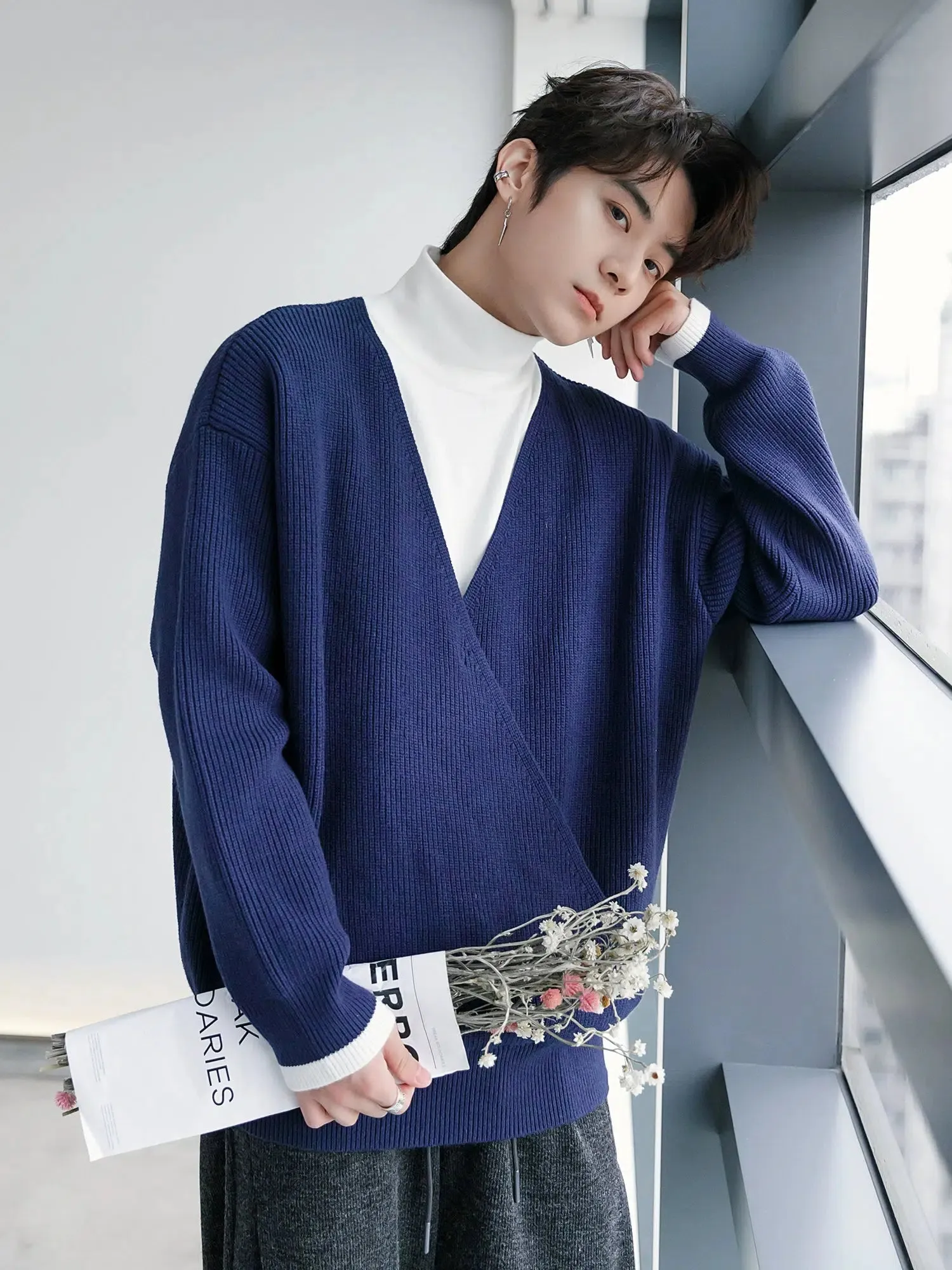 Contrast Color High Collar Knit Sweater