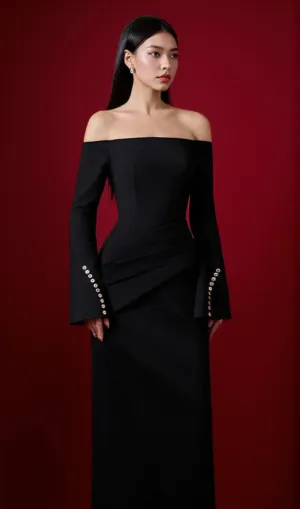 DOROTHY BLACK SHEATH OFF-SHOULDER RUCHED MIDI DRESS