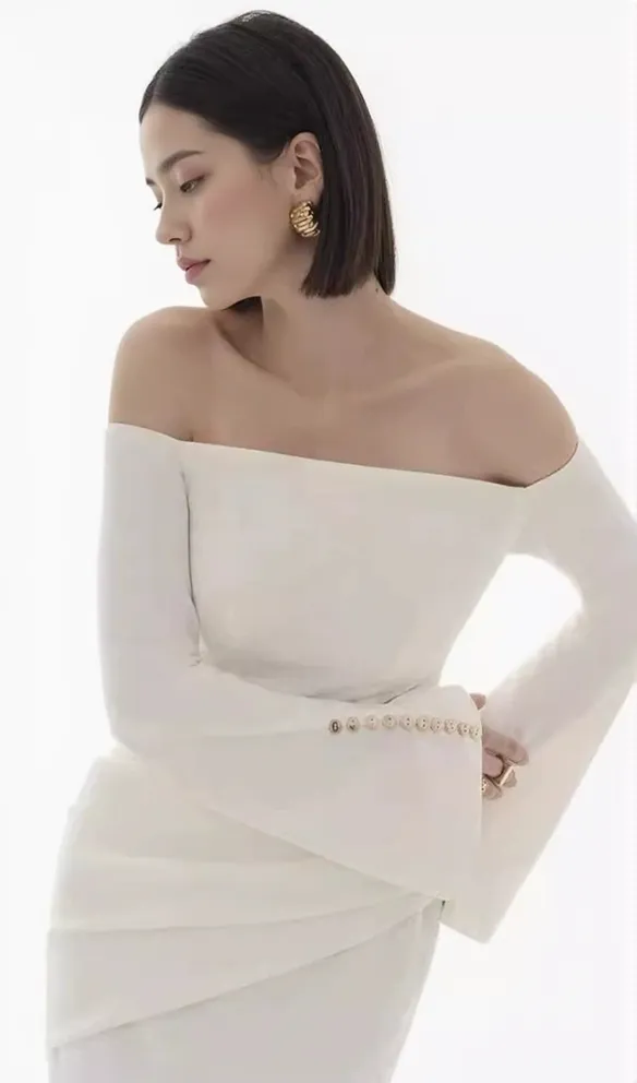 DOROTHY WHITE SHEATH OFF-SHOULDER RUCHED MIDI DRESS