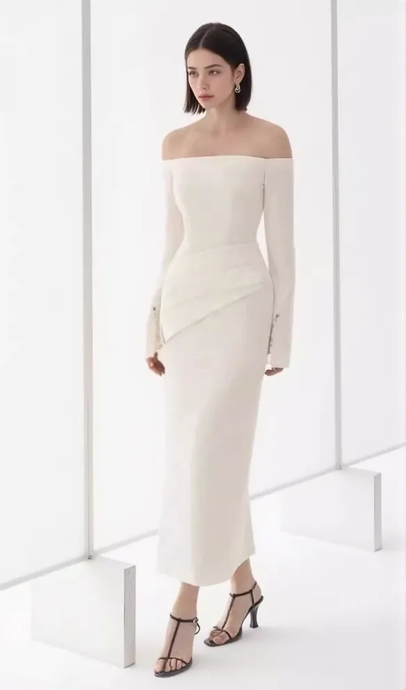 DOROTHY WHITE SHEATH OFF-SHOULDER RUCHED MIDI DRESS