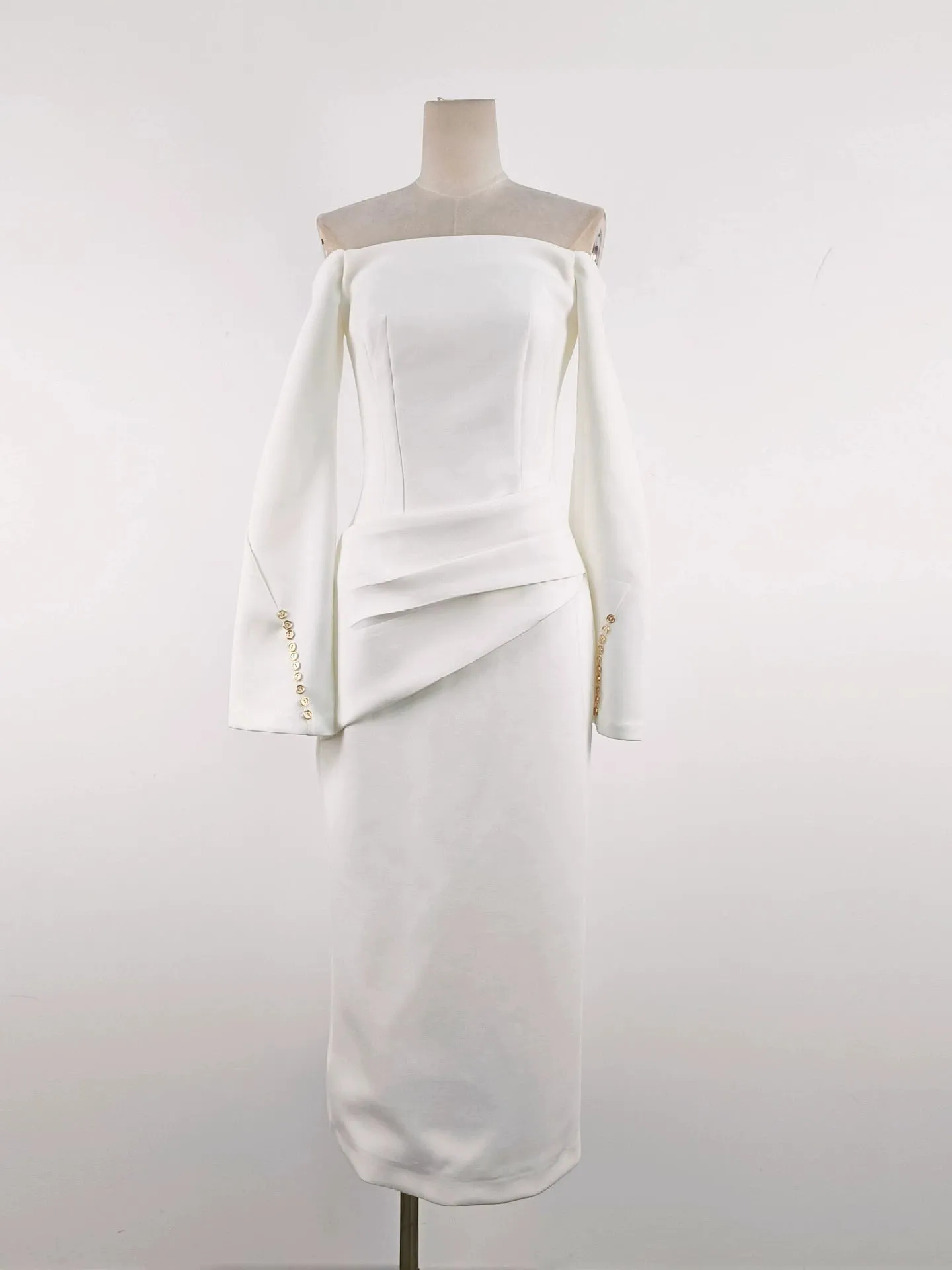 DOROTHY WHITE SHEATH OFF-SHOULDER RUCHED MIDI DRESS