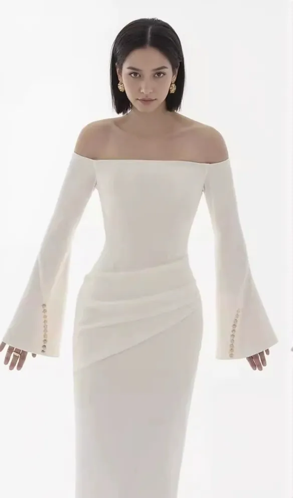 DOROTHY WHITE SHEATH OFF-SHOULDER RUCHED MIDI DRESS