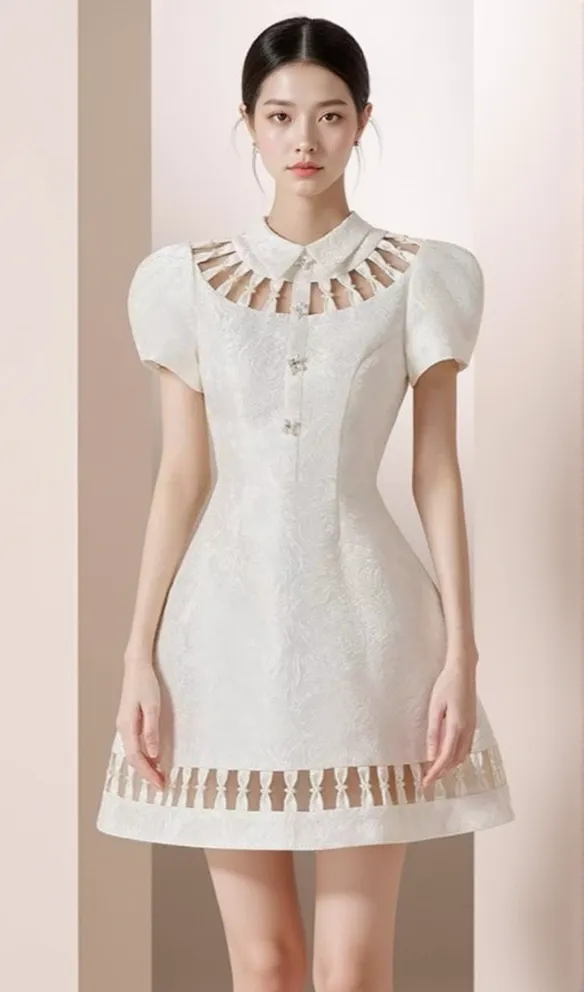 EARTHA WHITE PUFFY HOLLOW BROCADE MINI DRESS