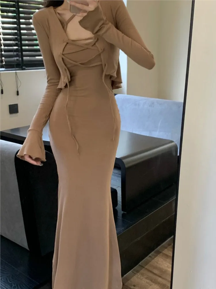 Elegant Sexy Bodycon Strap Party Dress And Cardigan Top 2 Piece Set