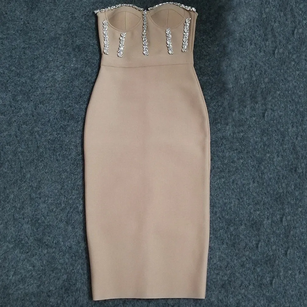 Elegant Strapless Bodycon Midi Dress with Beading