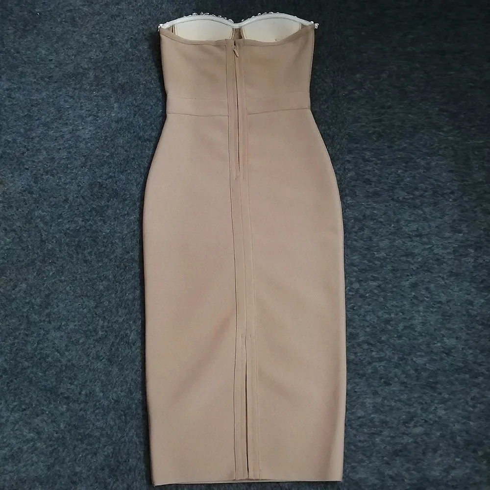 Elegant Strapless Bodycon Midi Dress with Beading