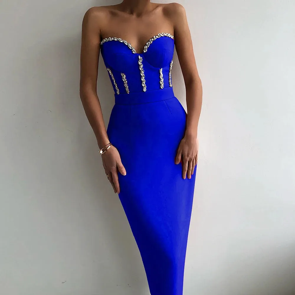 Elegant Strapless Bodycon Midi Dress with Beading