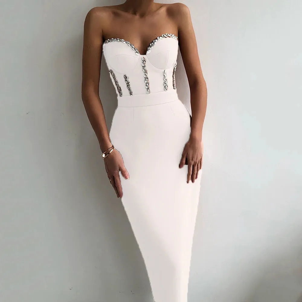 Elegant Strapless Bodycon Midi Dress with Beading