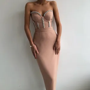 Elegant Strapless Bodycon Midi Dress with Beading