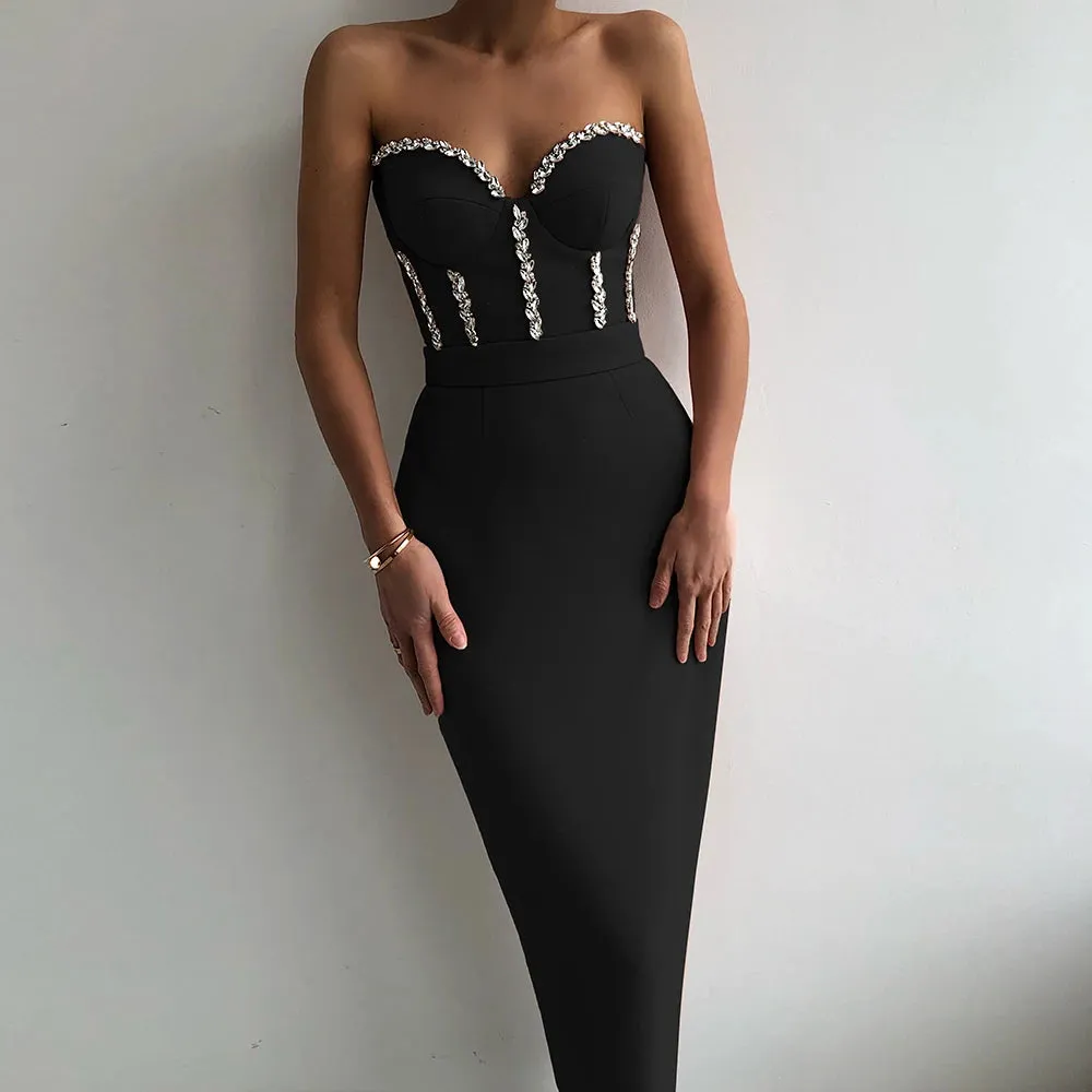 Elegant Strapless Bodycon Midi Dress with Beading