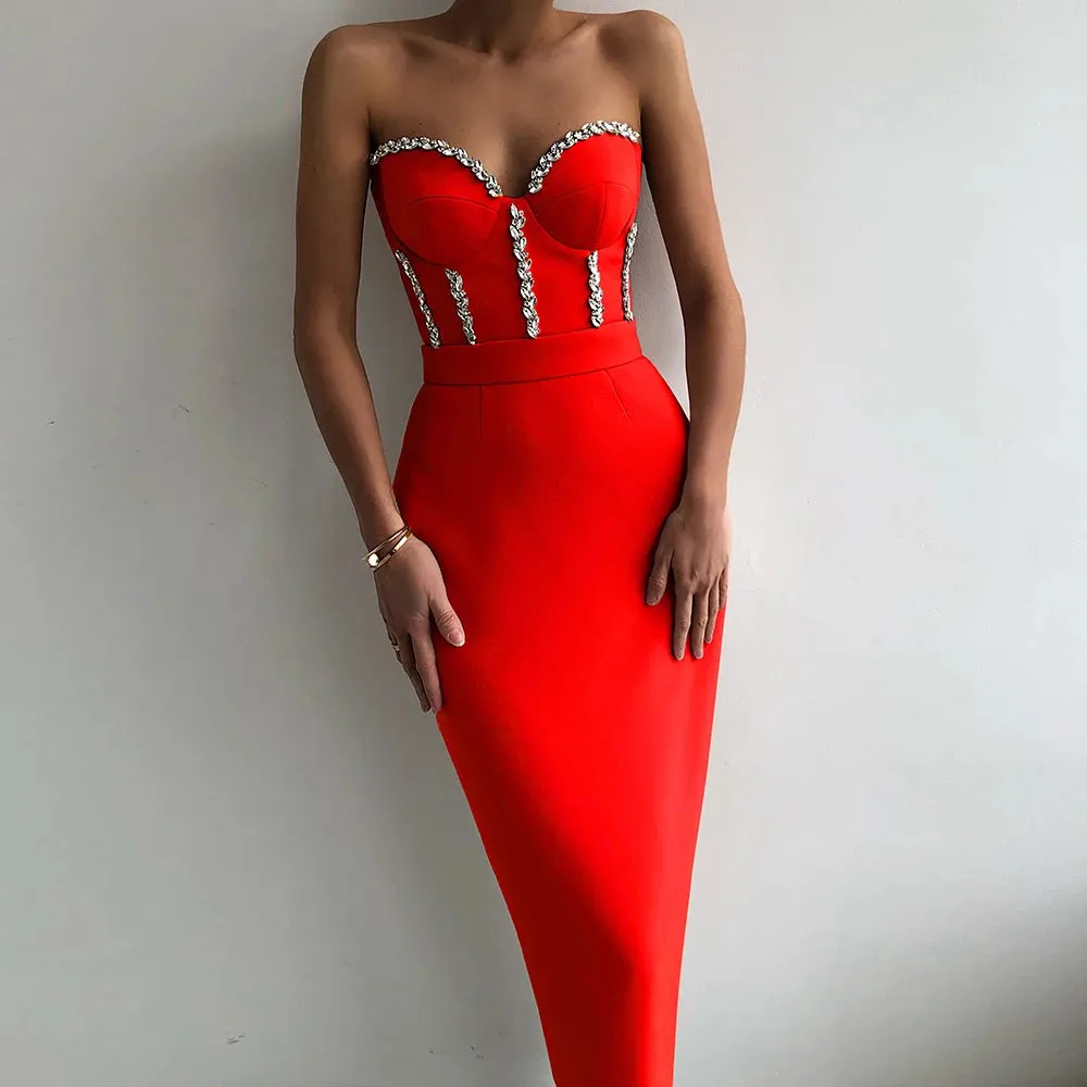 Elegant Strapless Bodycon Midi Dress with Beading