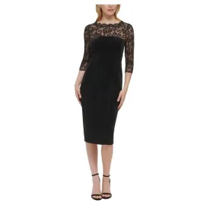 Eliza J Black Velvet Lace Midi Sheath Pencil Cocktail Party Date Dress Size 4