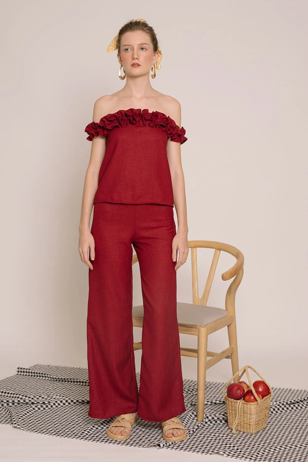 ELSA Ruffled Off Shoulder Top (Maroon Crepe)