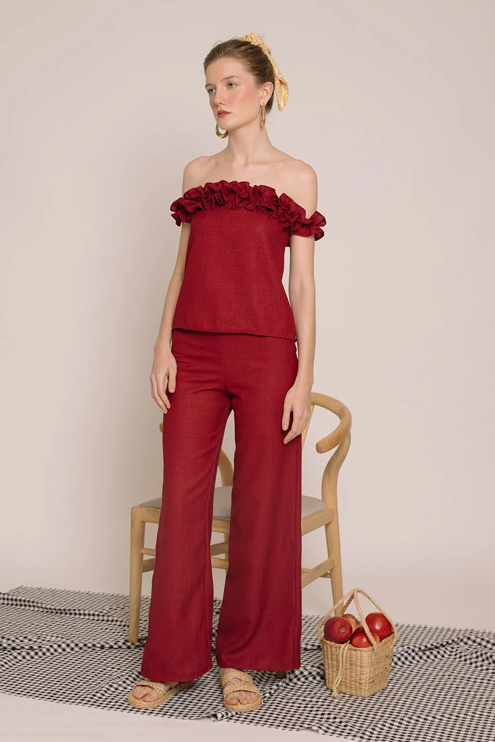 ELSA Ruffled Off Shoulder Top (Maroon Crepe)