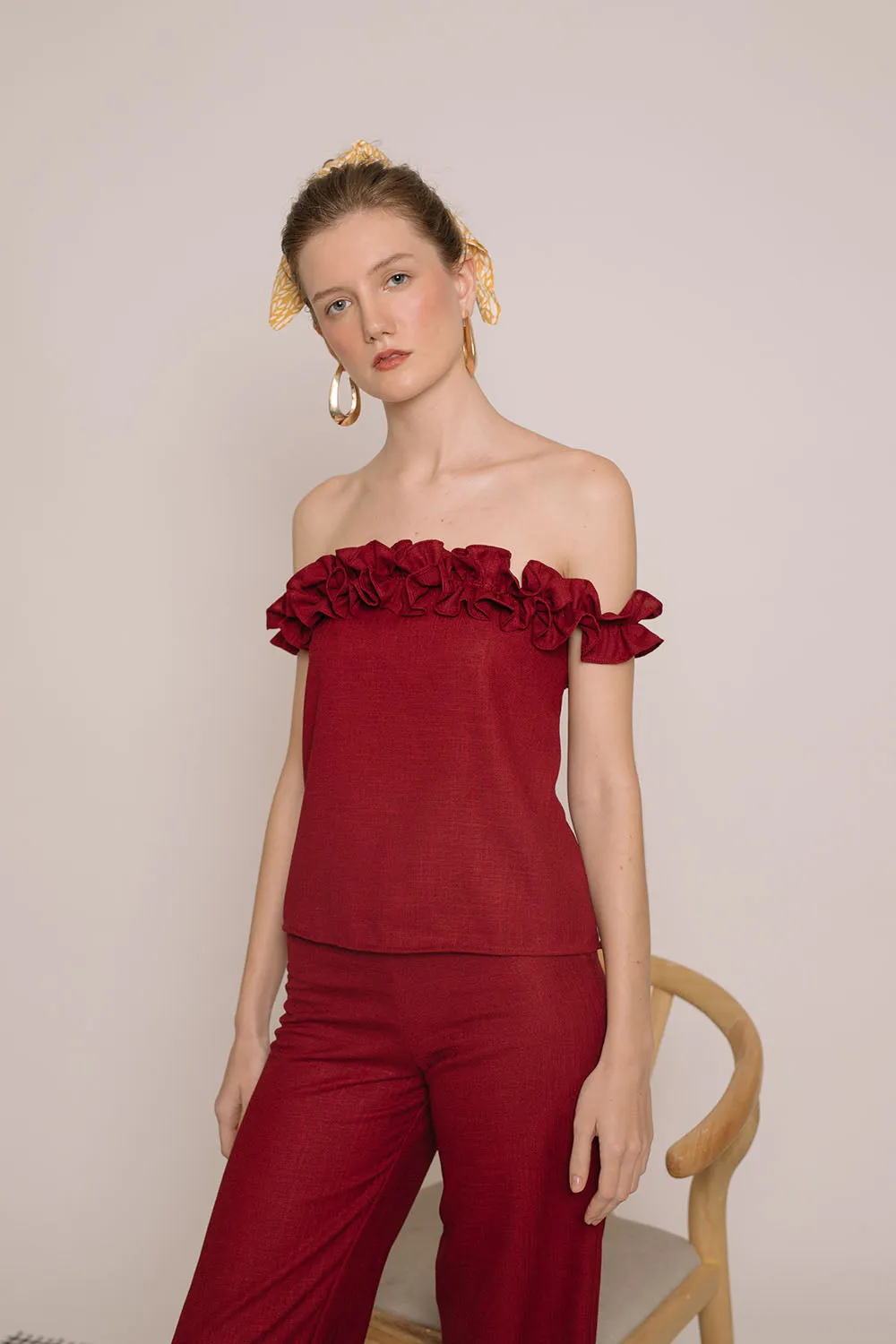 ELSA Ruffled Off Shoulder Top (Maroon Crepe)