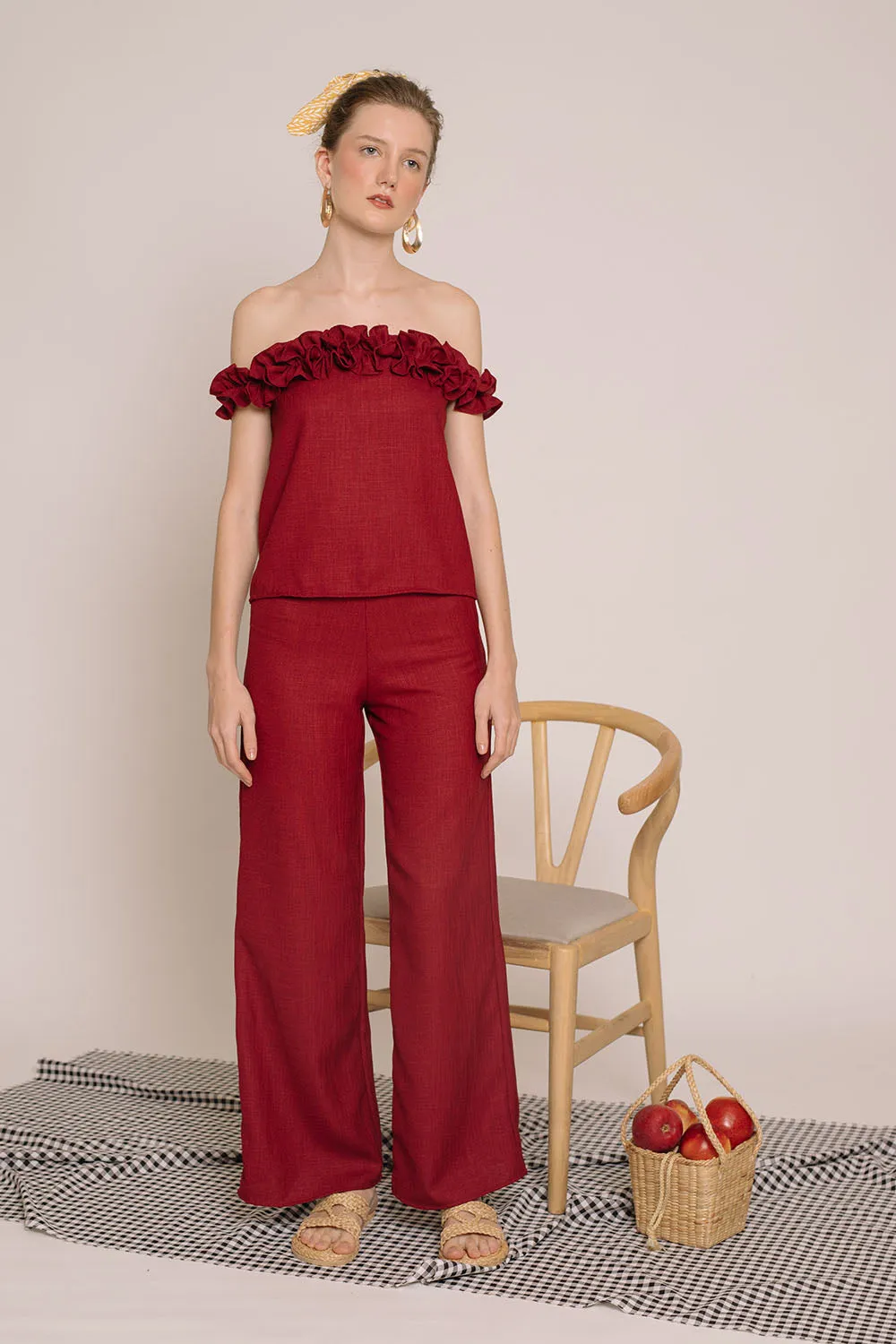 ELSA Ruffled Off Shoulder Top (Maroon Crepe)