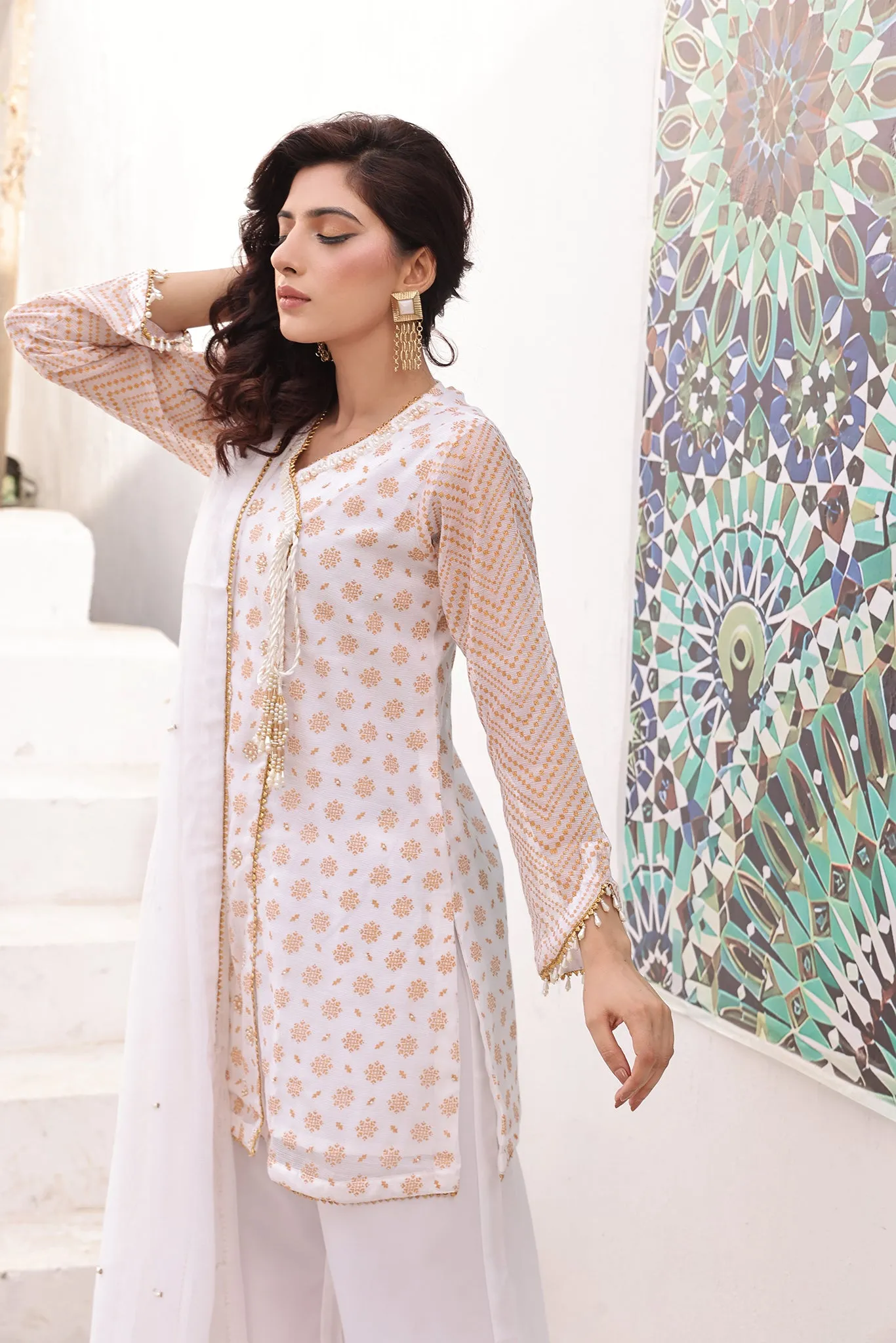 Ethereal Elegance: White Angrakha Dress 3-Piece Stitched