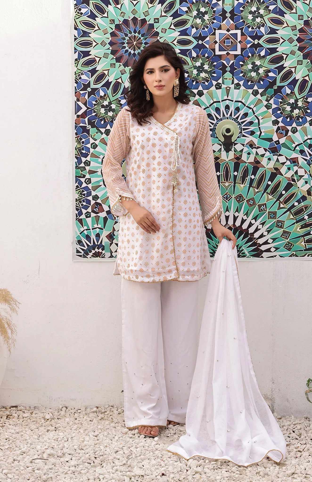 Ethereal Elegance: White Angrakha Dress 3-Piece Stitched