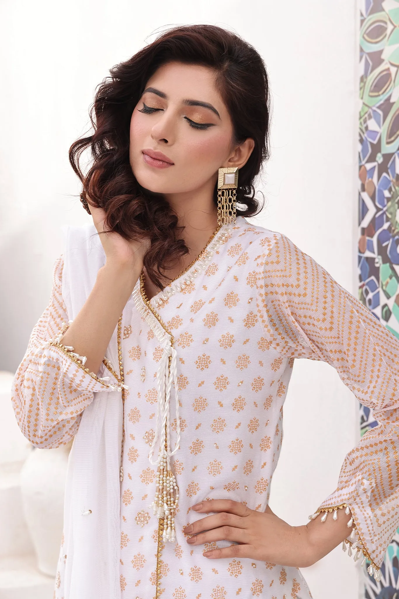 Ethereal Elegance: White Angrakha Dress 3-Piece Stitched