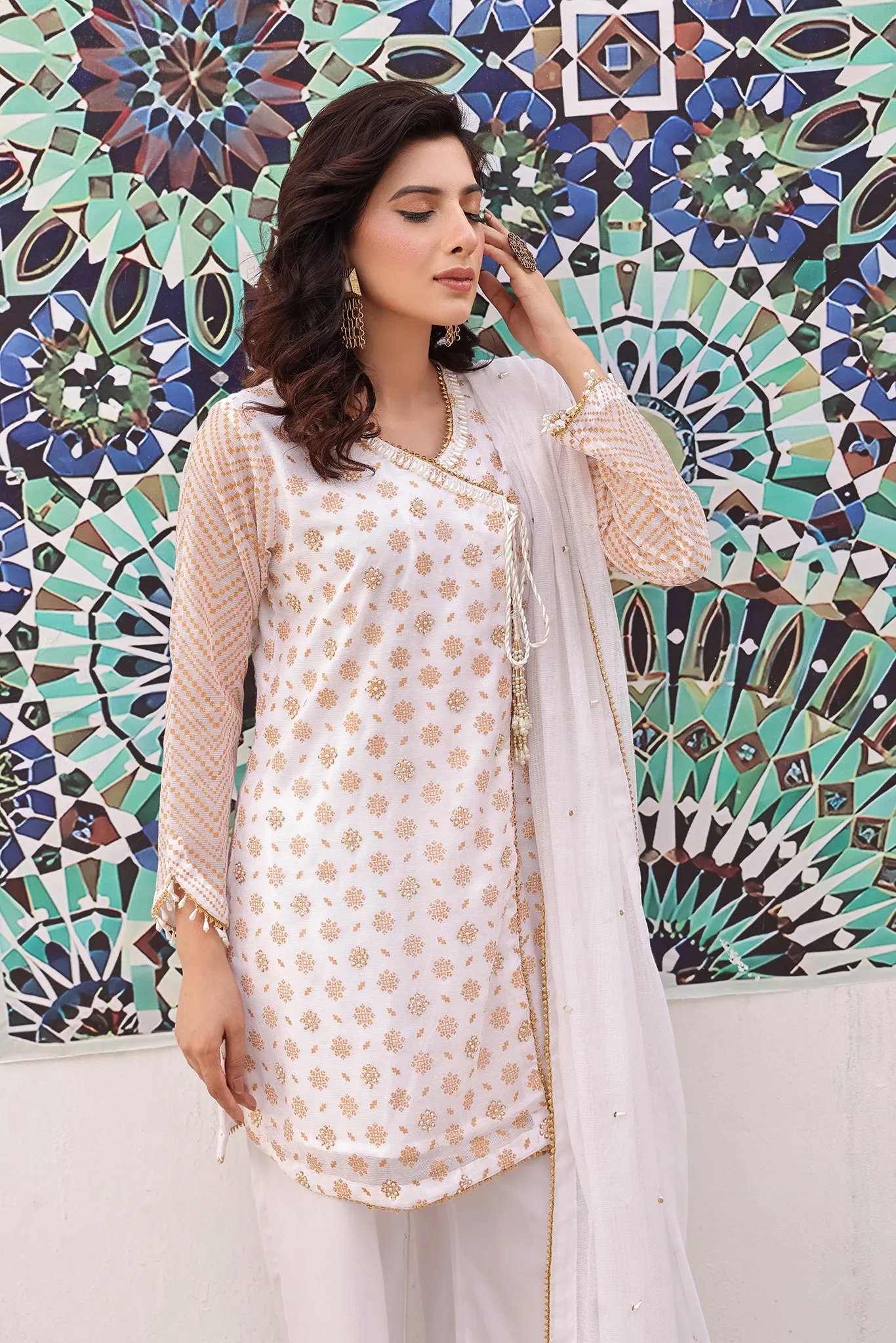 Ethereal Elegance: White Angrakha Dress 3-Piece Stitched