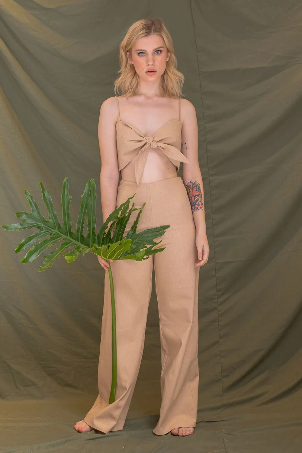 FIJI PANTS SET Tie Front Crop Top and High Waist Culottes (Nude Linen)
