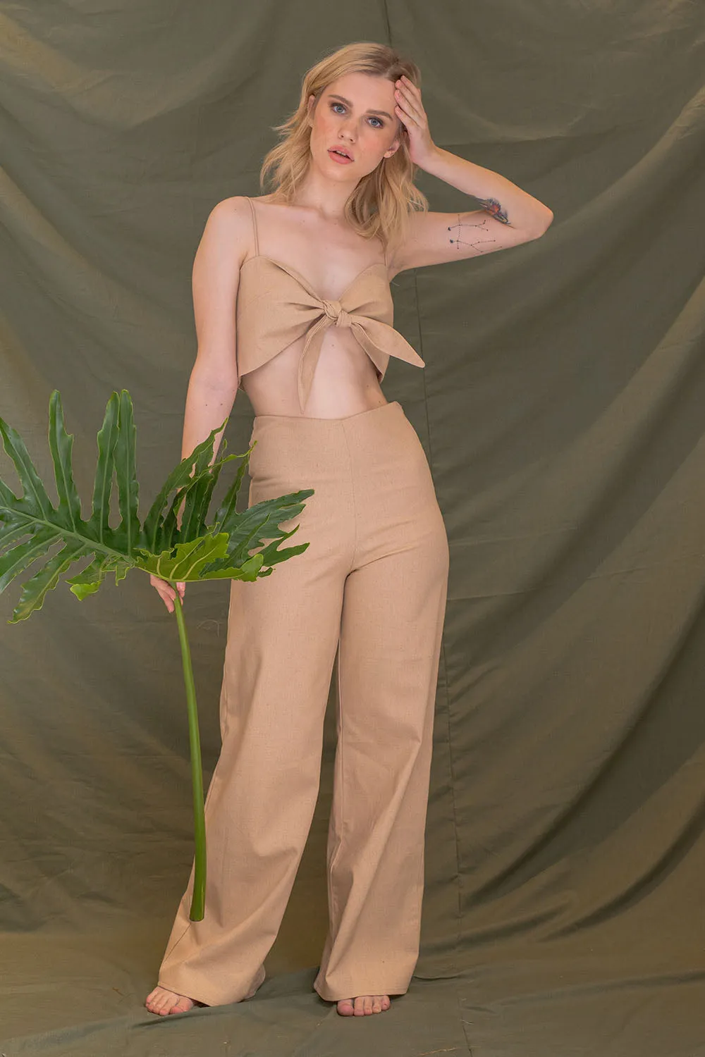 FIJI PANTS SET Tie Front Crop Top and High Waist Culottes (Nude Linen)