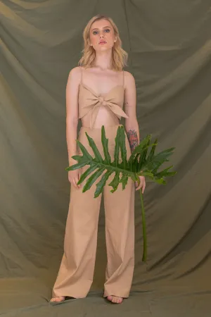 FIJI PANTS SET Tie Front Crop Top and High Waist Culottes (Nude Linen)