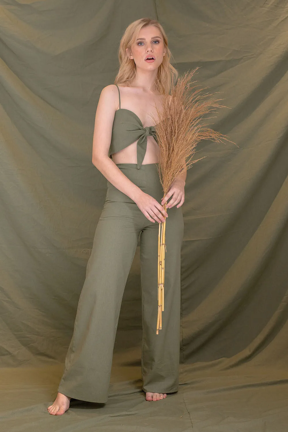 FIJI PANTS SET Tie Front Crop Top and High Waist Culottes (Olive Linen)