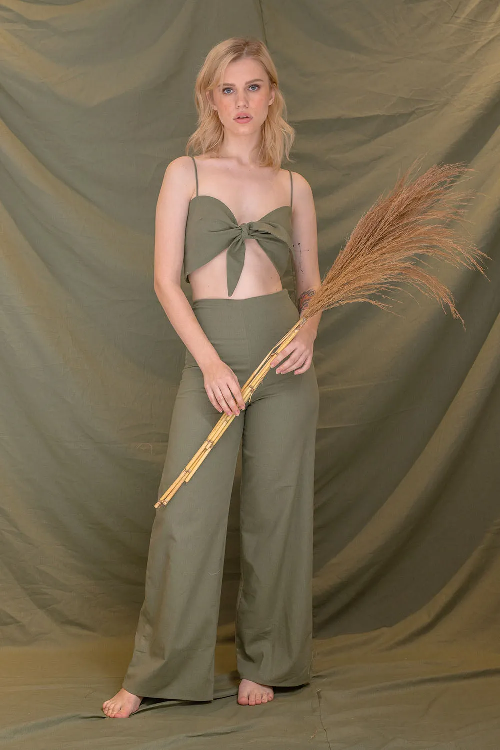 FIJI PANTS SET Tie Front Crop Top and High Waist Culottes (Olive Linen)