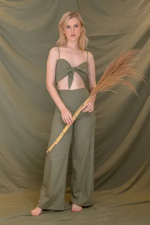 FIJI PANTS SET Tie Front Crop Top and High Waist Culottes (Olive Linen)
