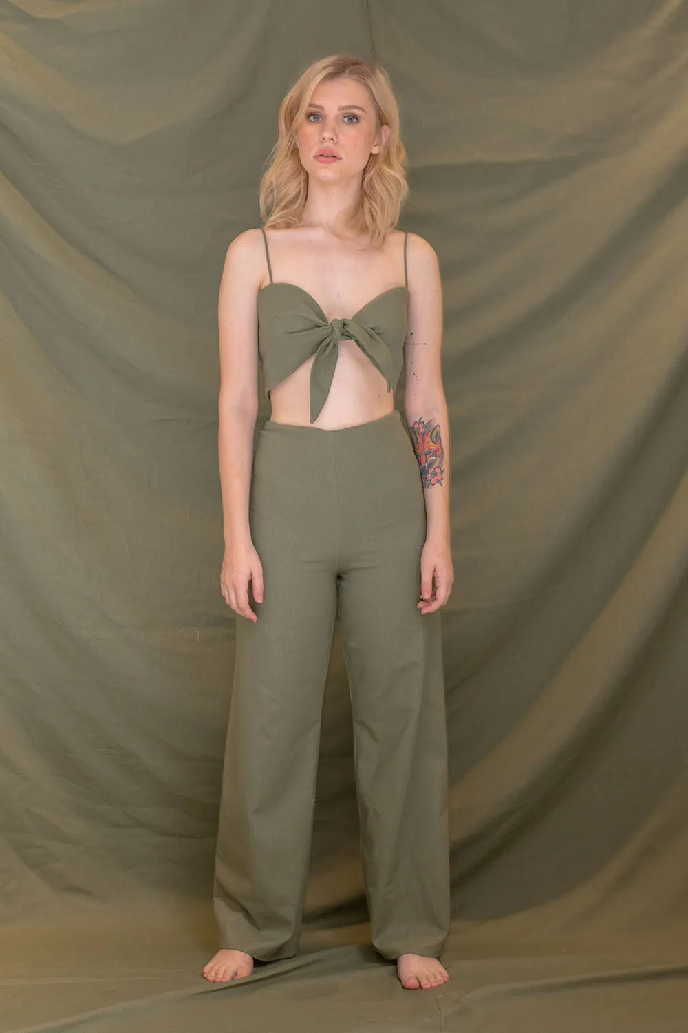 FIJI PANTS SET Tie Front Crop Top and High Waist Culottes (Olive Linen)