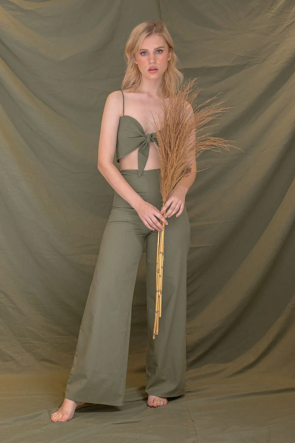 FIJI PANTS SET Tie Front Crop Top and High Waist Culottes (Olive Linen)