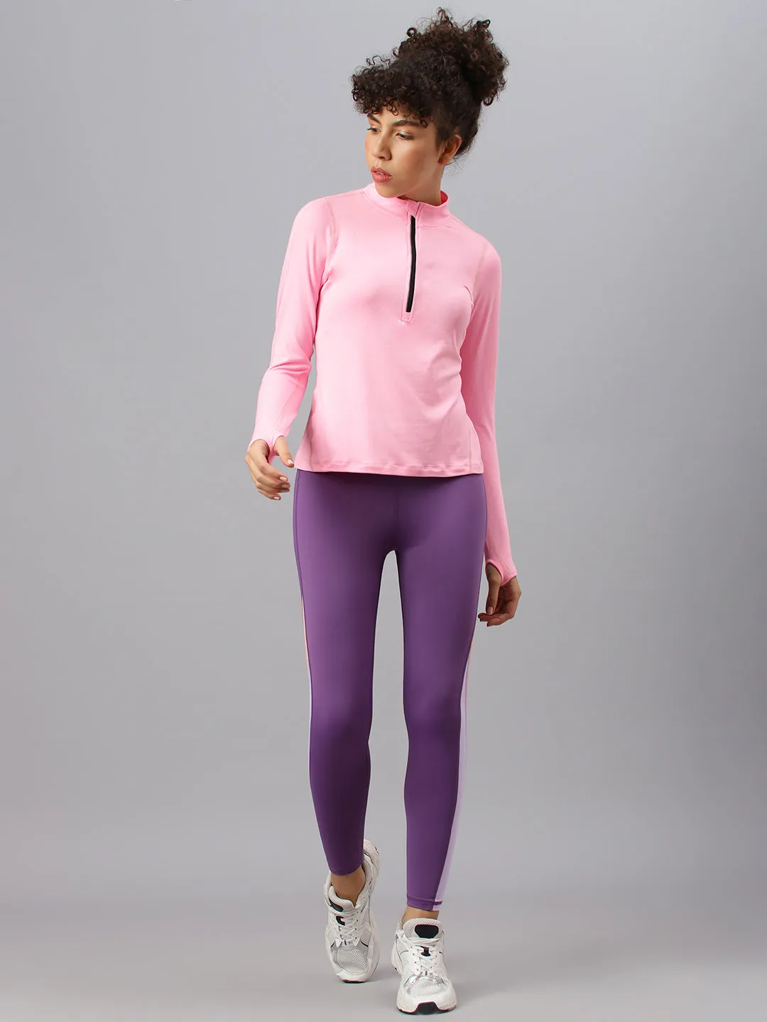 Fitkin women's neon pink high neck front zipper full sleeves t-shirt