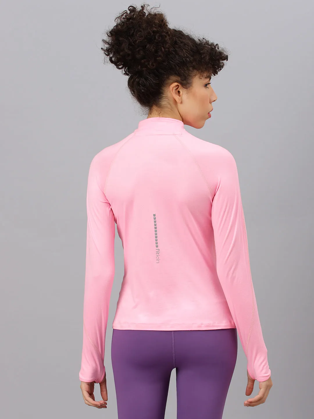 Fitkin women's neon pink high neck front zipper full sleeves t-shirt