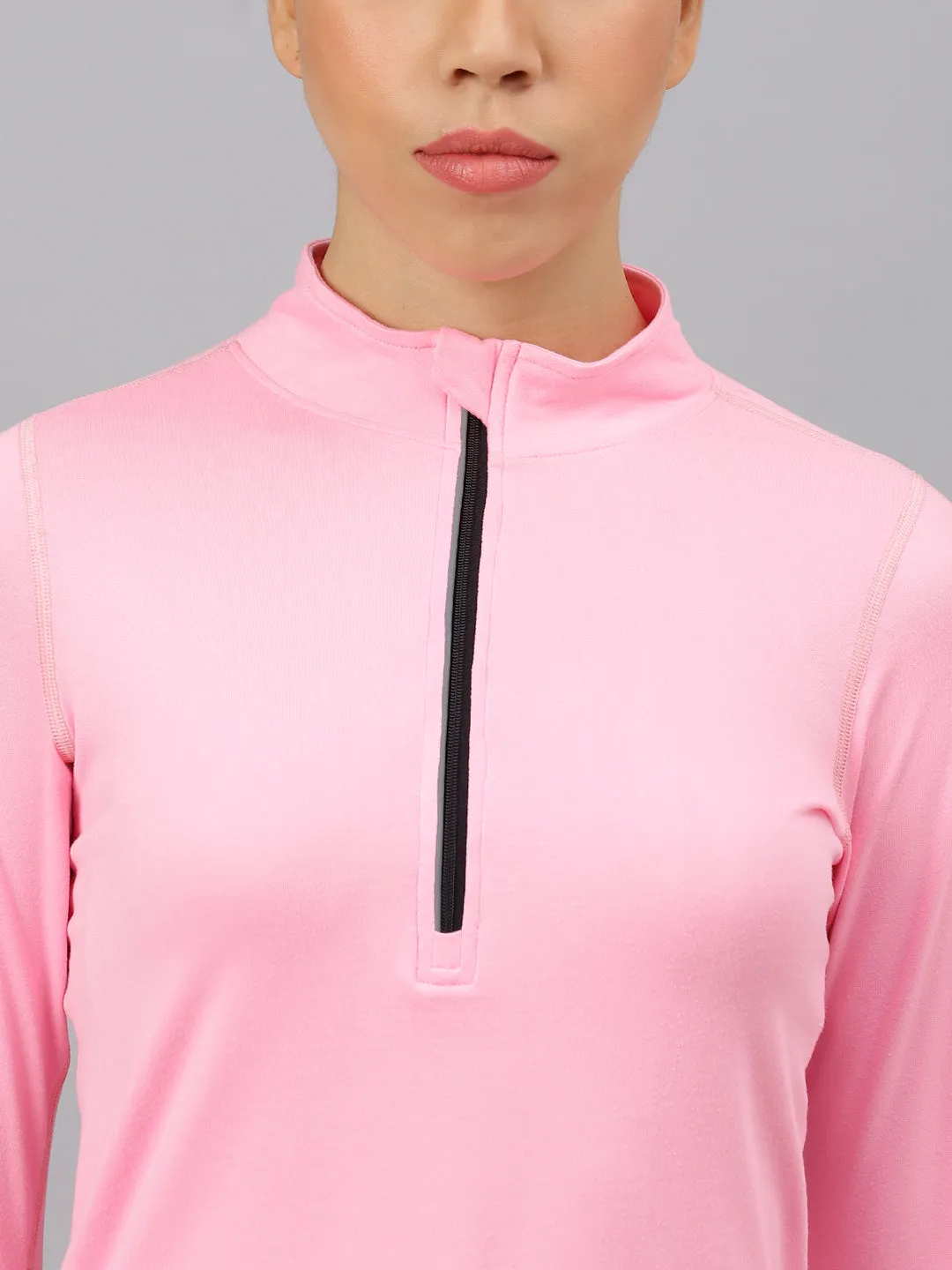 Fitkin women's neon pink high neck front zipper full sleeves t-shirt