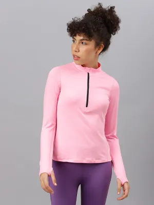 Fitkin women's neon pink high neck front zipper full sleeves t-shirt