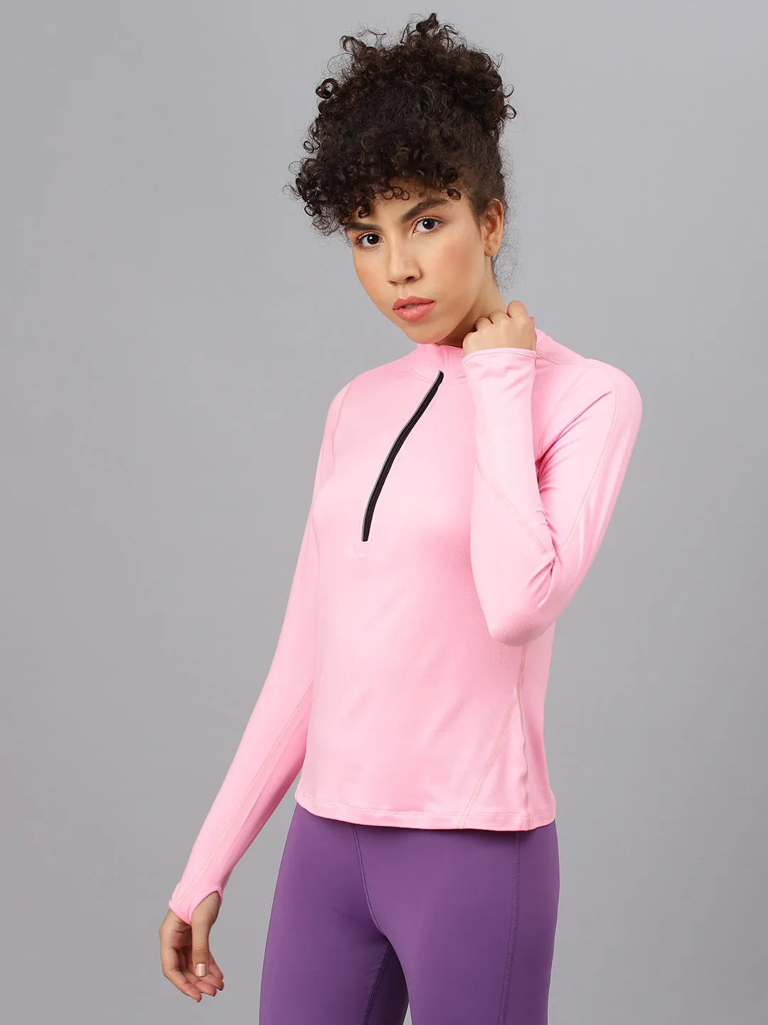 Fitkin women's neon pink high neck front zipper full sleeves t-shirt