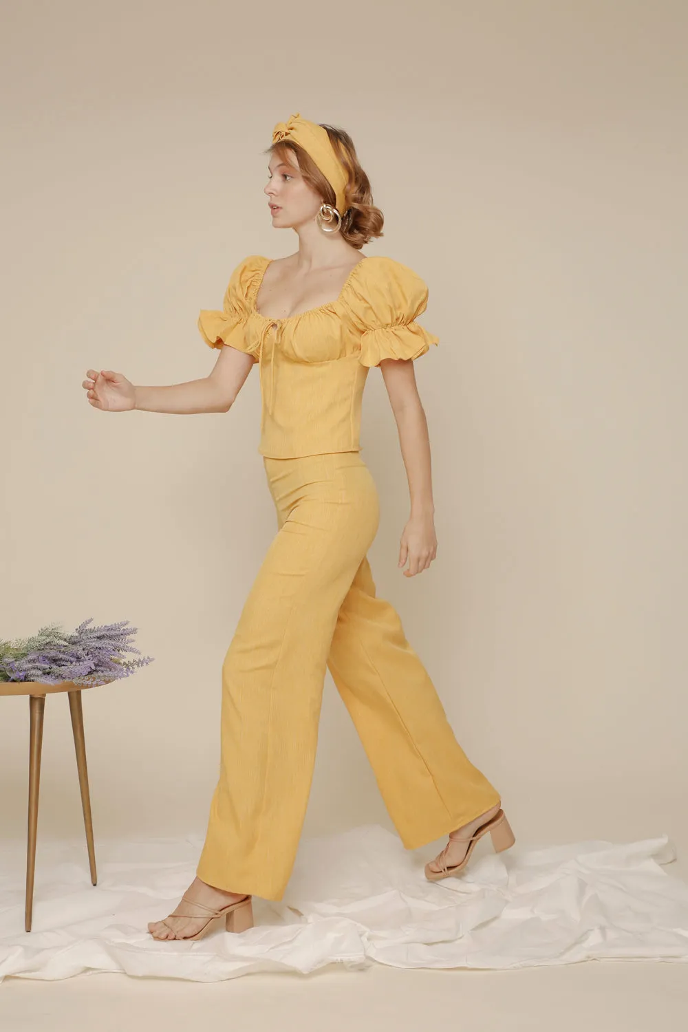 FLOR PANTS SET Puff Sleeve Top with Frill and Drawstring Detail and High Waist Culottes (Yellow Chambray)