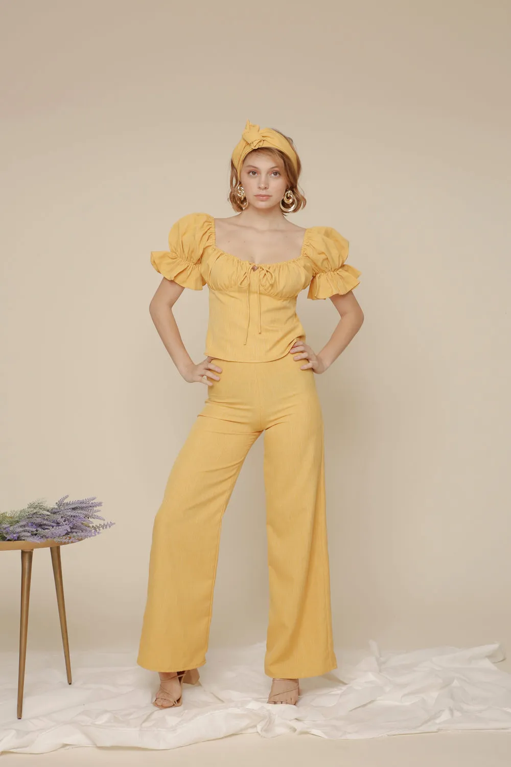 FLOR PANTS SET Puff Sleeve Top with Frill and Drawstring Detail and High Waist Culottes (Yellow Chambray)