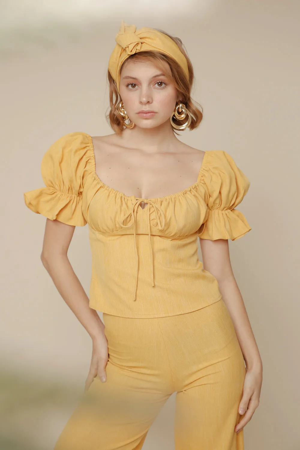 FLOR PANTS SET Puff Sleeve Top with Frill and Drawstring Detail and High Waist Culottes (Yellow Chambray)