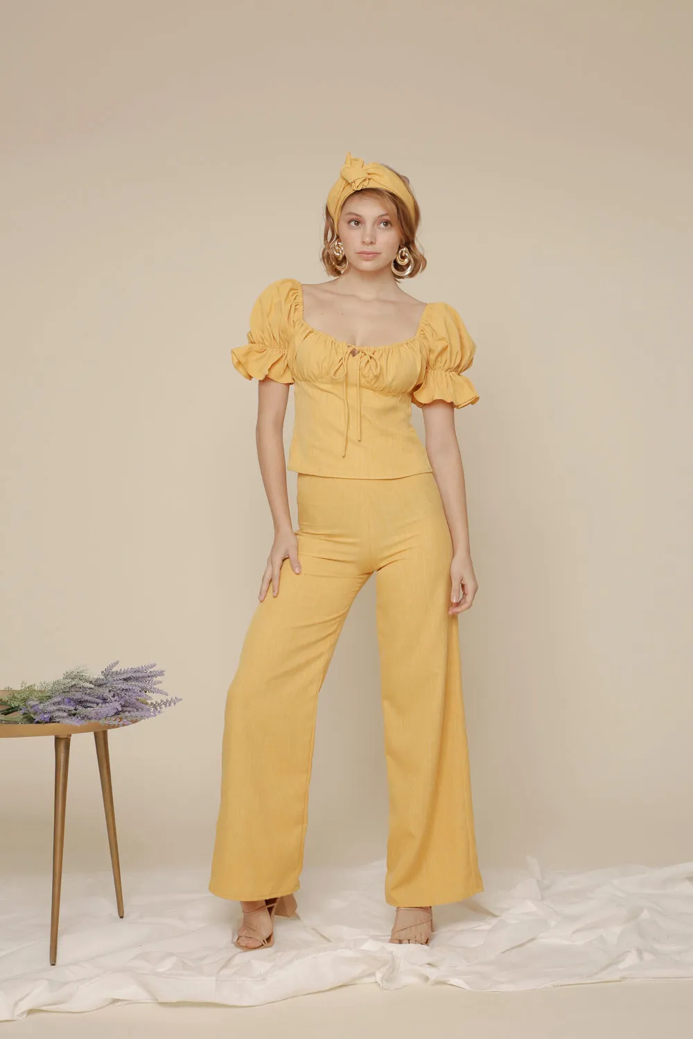 FLOR PANTS SET Puff Sleeve Top with Frill and Drawstring Detail and High Waist Culottes (Yellow Chambray)