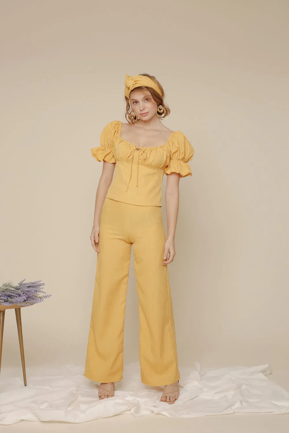 FLOR PANTS SET Puff Sleeve Top with Frill and Drawstring Detail and High Waist Culottes (Yellow Chambray)