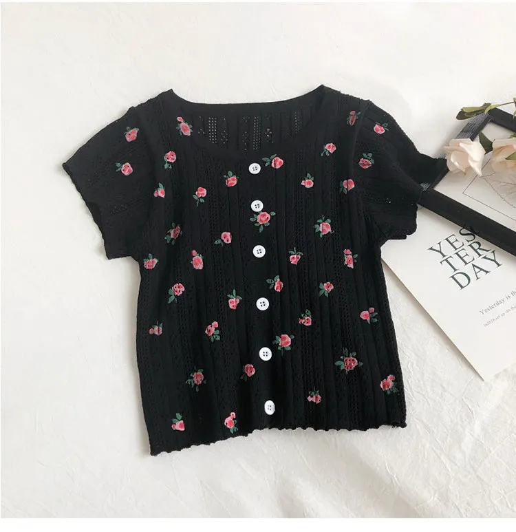 Floral Pattern Knitted Crop Tops