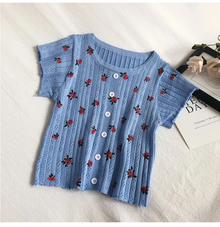 Floral Pattern Knitted Crop Tops