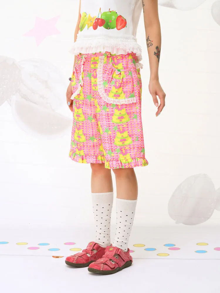 FRUITS Cake Illustration Shorts | Lace-Trimmed Culottes