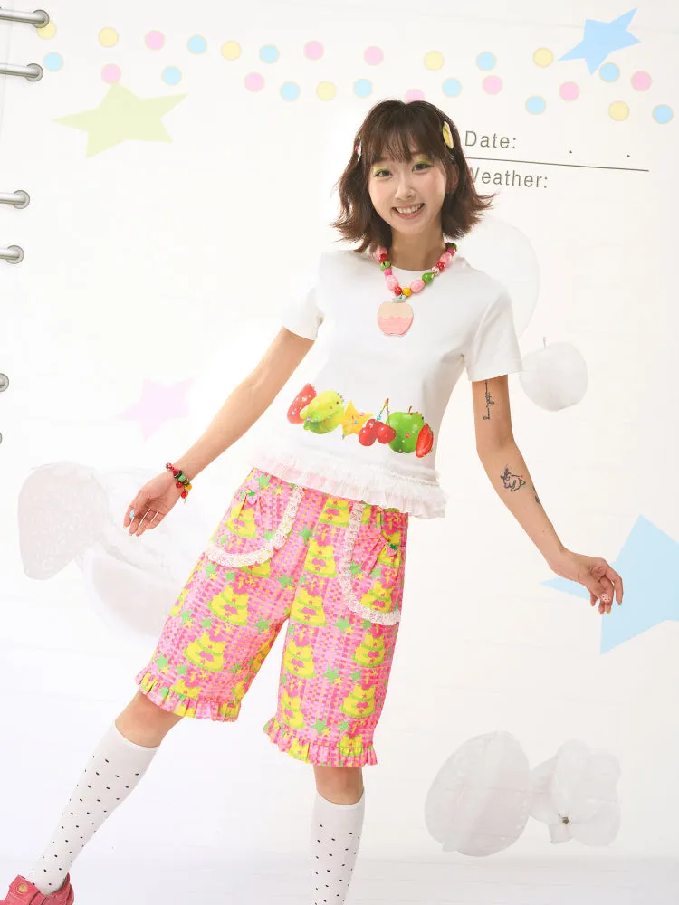 FRUITS Cake Illustration Shorts | Lace-Trimmed Culottes