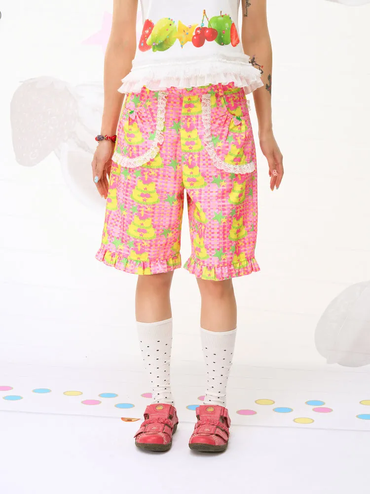 FRUITS Cake Illustration Shorts | Lace-Trimmed Culottes