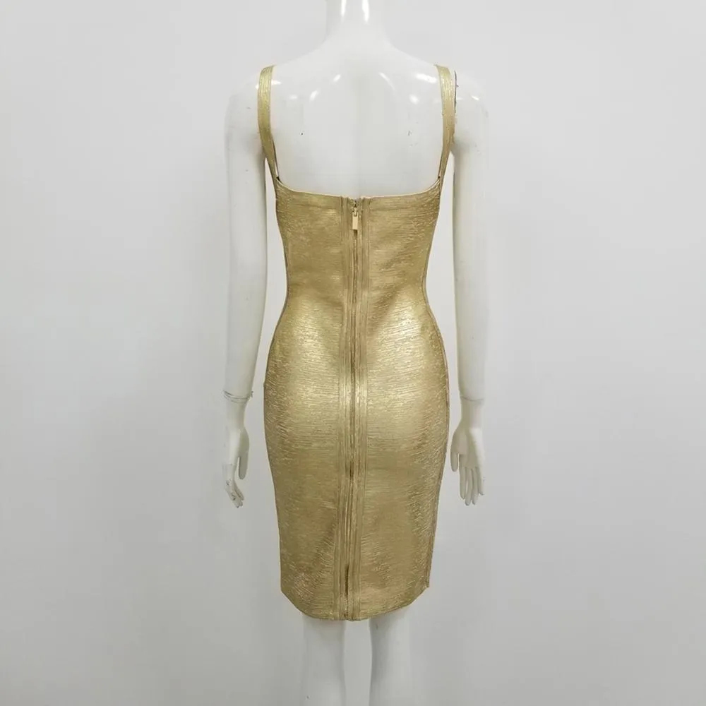 Gold Foiling Print Spaghetti Straps Rayon Bandage Dress