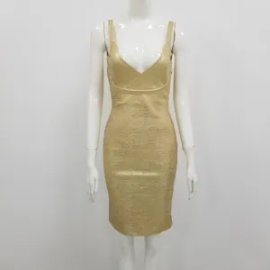 Gold Foiling Print Spaghetti Straps Rayon Bandage Dress
