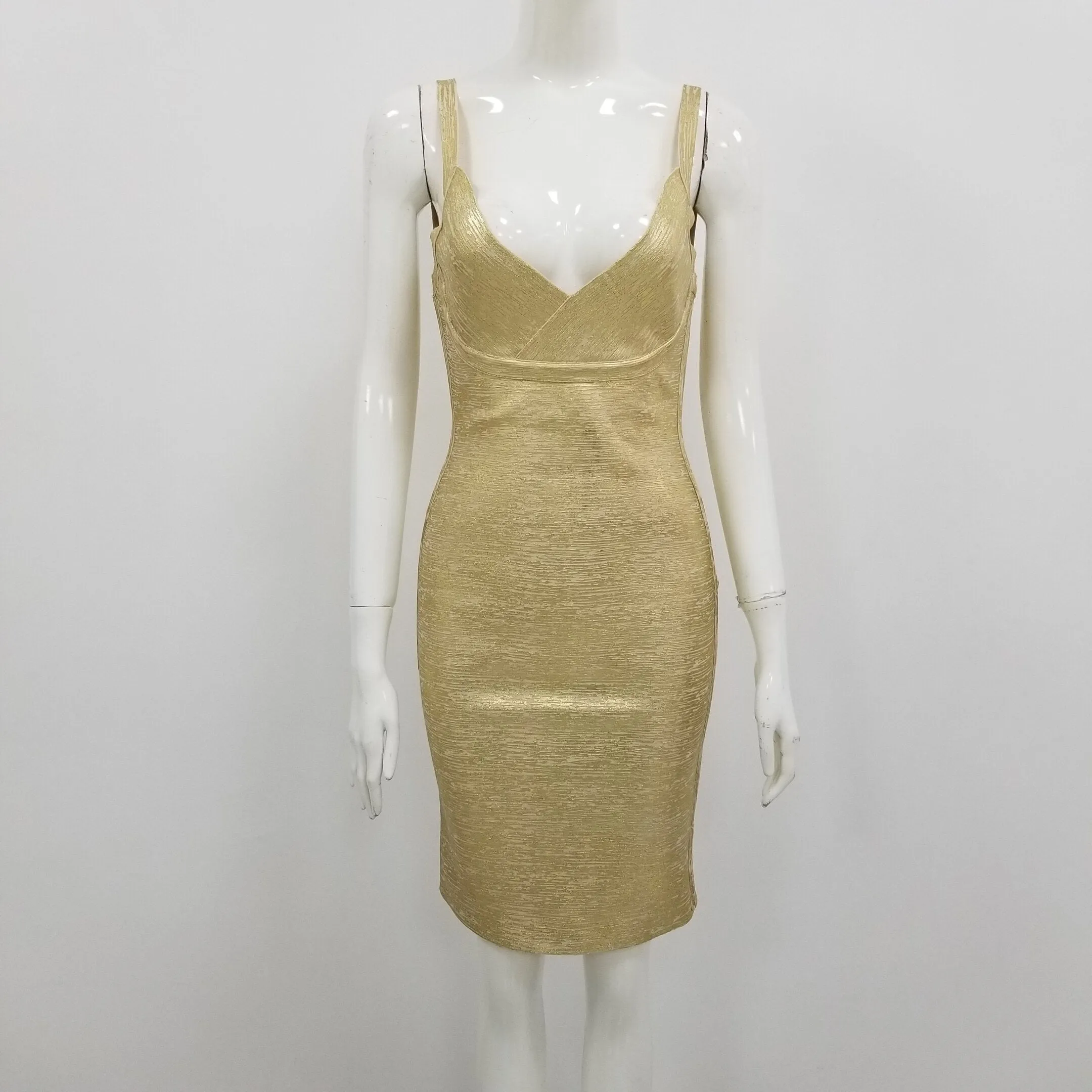 Gold Foiling Print Spaghetti Straps Rayon Bandage Dress